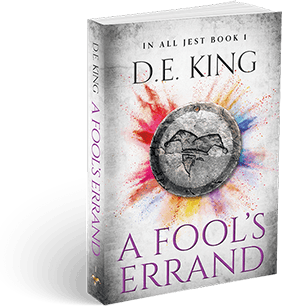 3D-rendered book titled A Fool’s Errand by D.E. King with metallic ring and desert backdrop
