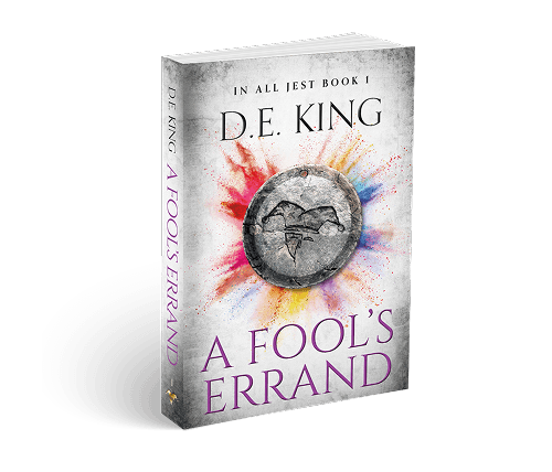 3D-rendered book titled A Fool’s Errand by D.E. King with metallic ring and desert backdrop