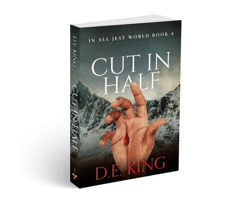 3D book cover of Cut in Half by D.E. King, featuring a severed hand with a bleeding finger against a snowy mountain backdrop.