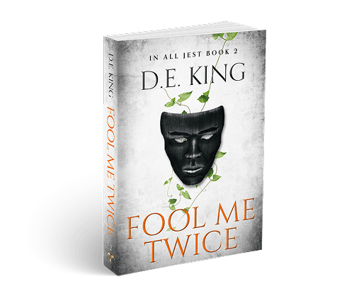 3D-rendered book titled Fool Me Twice by D.E. King with dark mask and warm-to-teal background