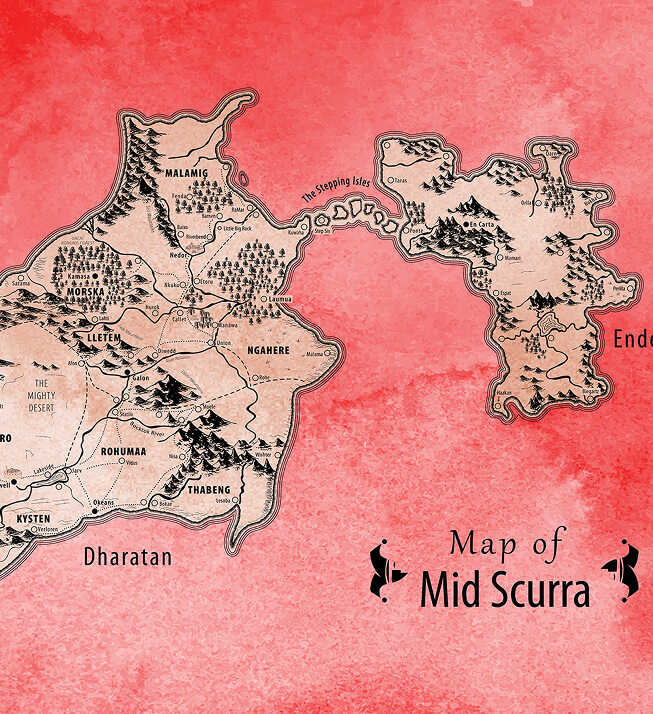 Fantasy map titled Mid Scurra showing Dharatan and Endo continents connected by the Stepping Isles