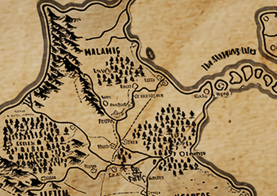 Fantasy map showing Malanis Basen Marsh and towns like Leto and Ollinor from A Fools Errand