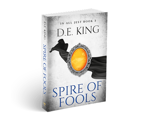 3D-rendered book titled Spire of Fools by D.E. King with silver-framed gem and fantasy mountain backdrop
