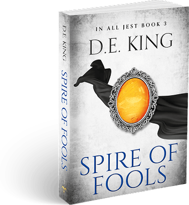3D-rendered book titled Spire of Fools by D.E. King with silver-framed gem and fantasy mountain backdrop