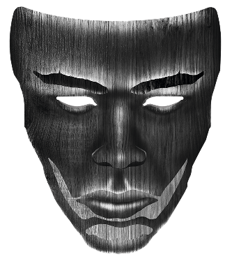 Stylized mask with closed eyes and brushed steel texture, featuring sharp eyebrows and somber expression