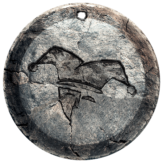 Circular medallion with cracked surface featuring embossed jester hat and stylized face