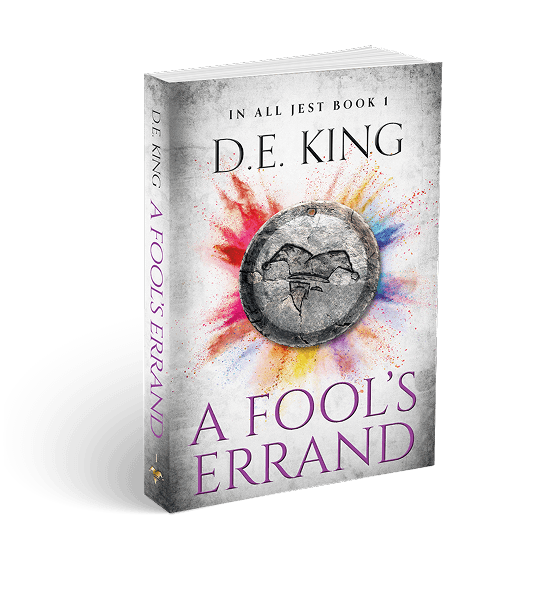 3D-rendered book titled A Fool’s Errand by D.E. King with metallic ring and desert backdrop