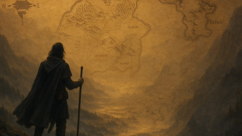 A cloaked figure holding a staff stands on a mountain ledge, gazing at a glowing fantasy map with labeled regions like Enderk, Neakurn, and Mishburn under warm golden light.