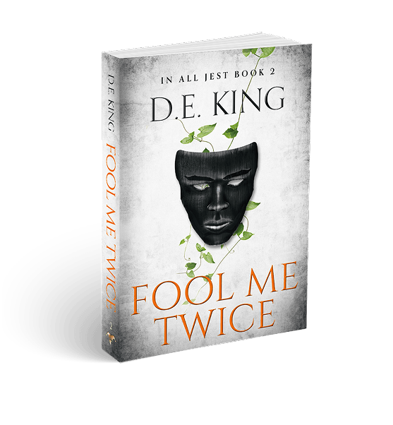 3D-rendered book titled Fool Me Twice by D.E. King with dark mask and warm-to-teal background