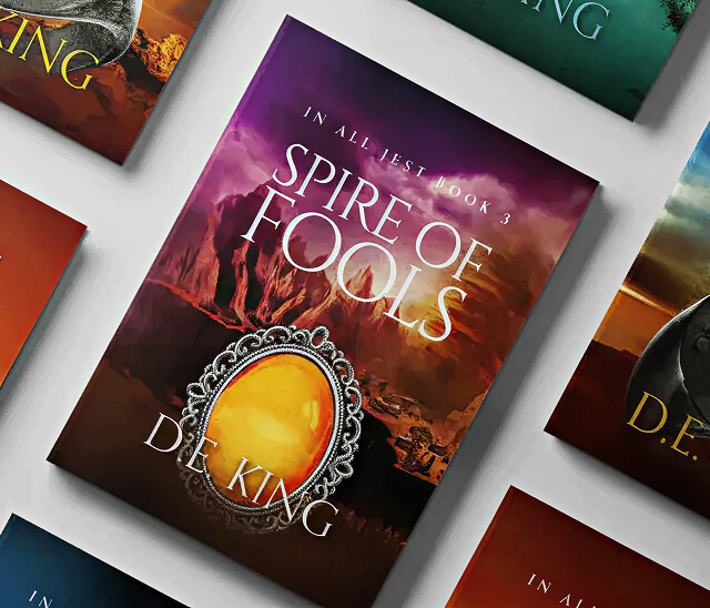 Flat lay of fantasy books by D.E. King featuring Spire of Fools with glowing gem and jagged mountains.