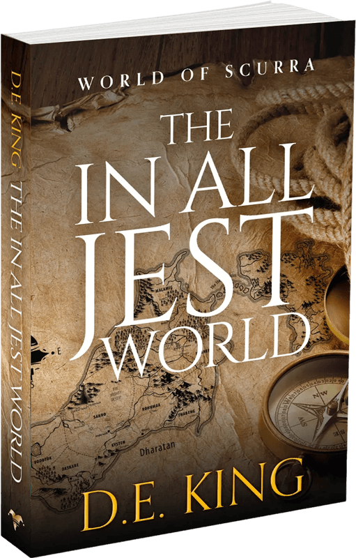 Book titled The In All Jest World by D.E. King with nautical-themed cover featuring rope, compass, and map