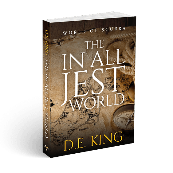 Book titled The In All Jest World by D.E. King with nautical-themed cover featuring rope, compass, and map