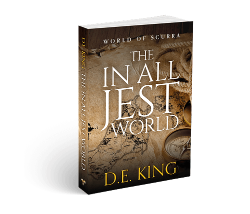 Book titled The In All Jest World by D.E. King with nautical-themed cover featuring rope, compass, and map