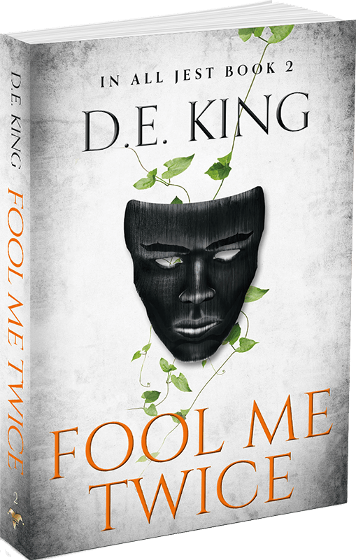 3D-rendered book titled Fool Me Twice by D.E. King with dark mask and warm-to-teal background