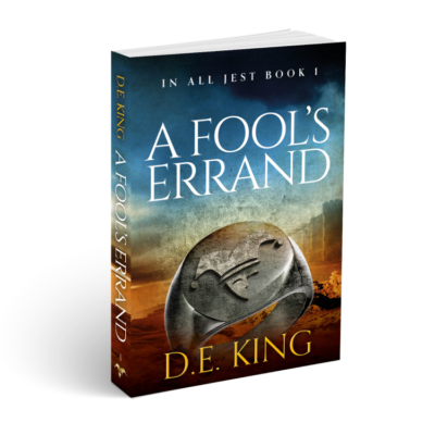 3D-rendered book titled A Fool’s Errand by D.E. King with metallic ring and desert backdrop