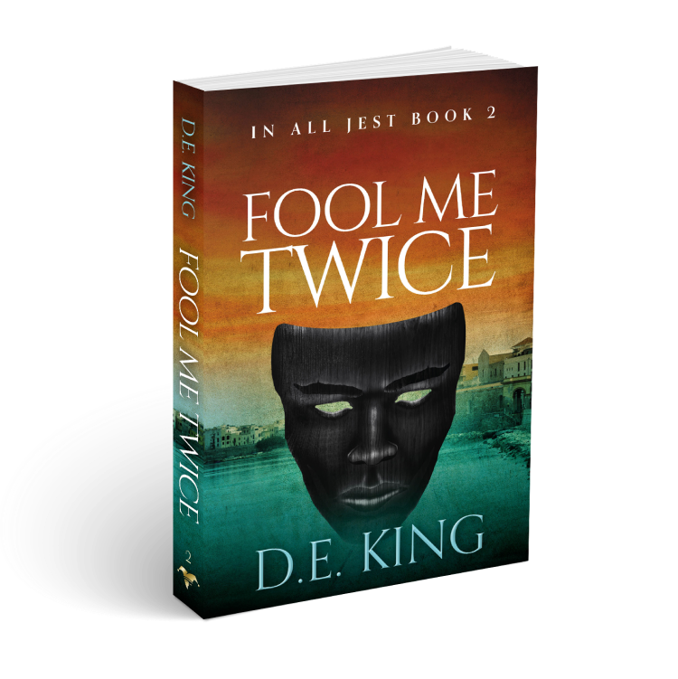 3D-rendered book titled Fool Me Twice by D.E. King with dark mask and warm-to-teal background