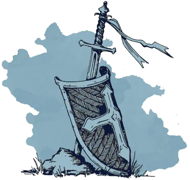 illustration of a sword stuck in the ground, and a shield leaning against it