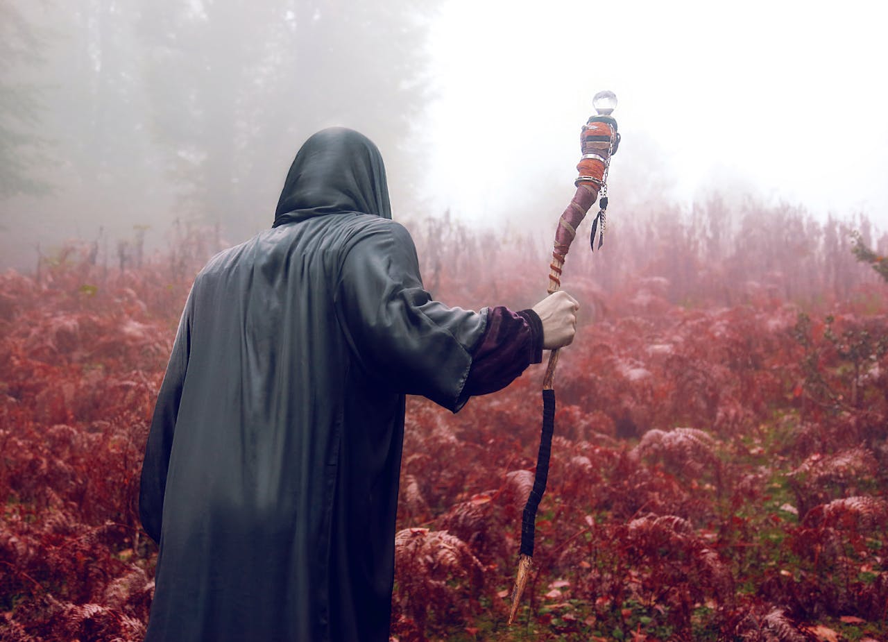 A cloaked figure, viewed from behind, holding a magical staff with a crystal top, stands in a misty, reddish-brown forest, symbolizing a journey or a mysterious wizard in high fantasy.