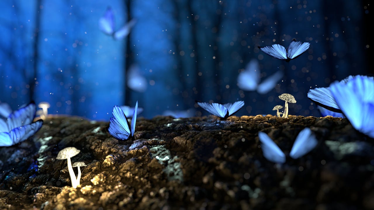 Vibrant blue butterflies rest on glowing white mushrooms amidst the dark, ethereal ambiance of an enchanted fantasy forest, with sparkling dust motes in the air.