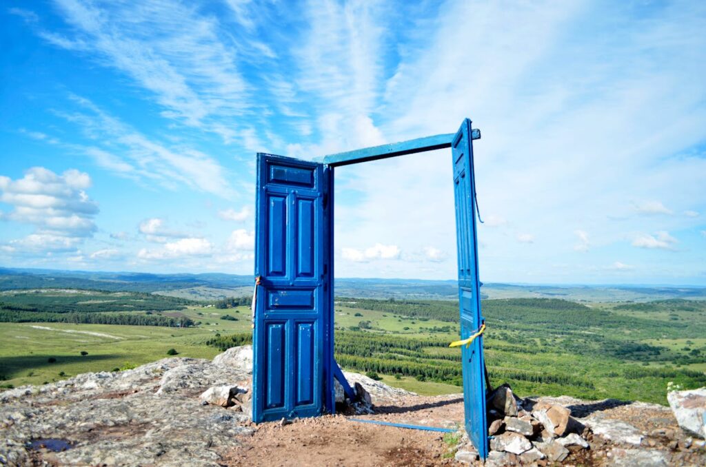 A vibrant blue door frame stands open on a rocky, desolate hilltop, with a vast green landscape and a cloudy blue sky visible through the portal, suggesting a gateway to another world.