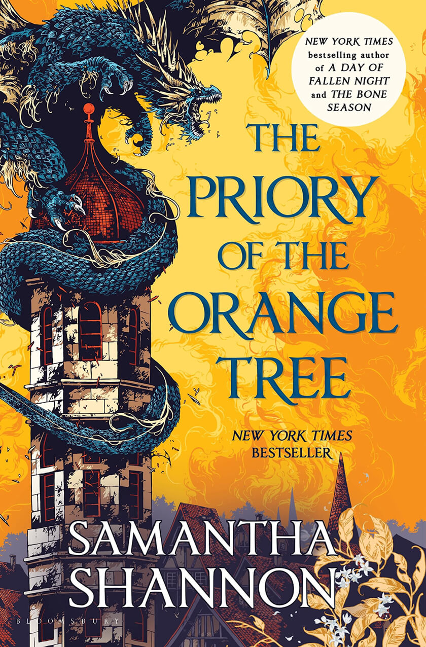 Cover of The Priory of the Orange Tree featuring a blue dragon wrapped around a tall tower, set against a dramatic orange-yellow sky.