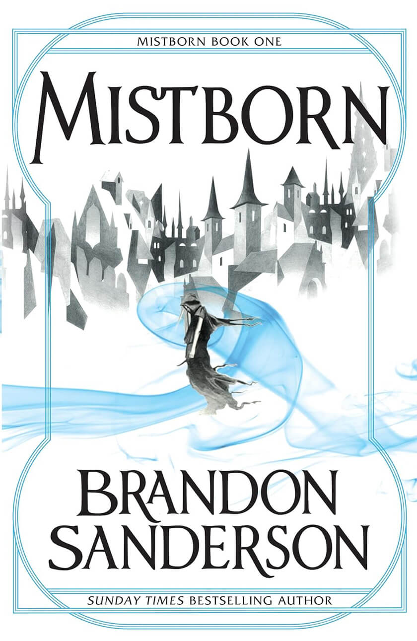 Cover of Mistborn featuring a cloaked figure gliding through a grayscale fantasy city, surrounded by swirling blue mist and energy.