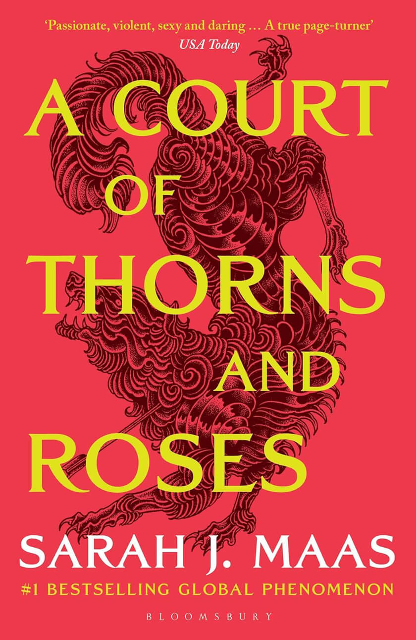 Cover of A Court of Thorns and Roses featuring a red background, thorny black illustration, and bold yellow title text—evoking passion and danger.
