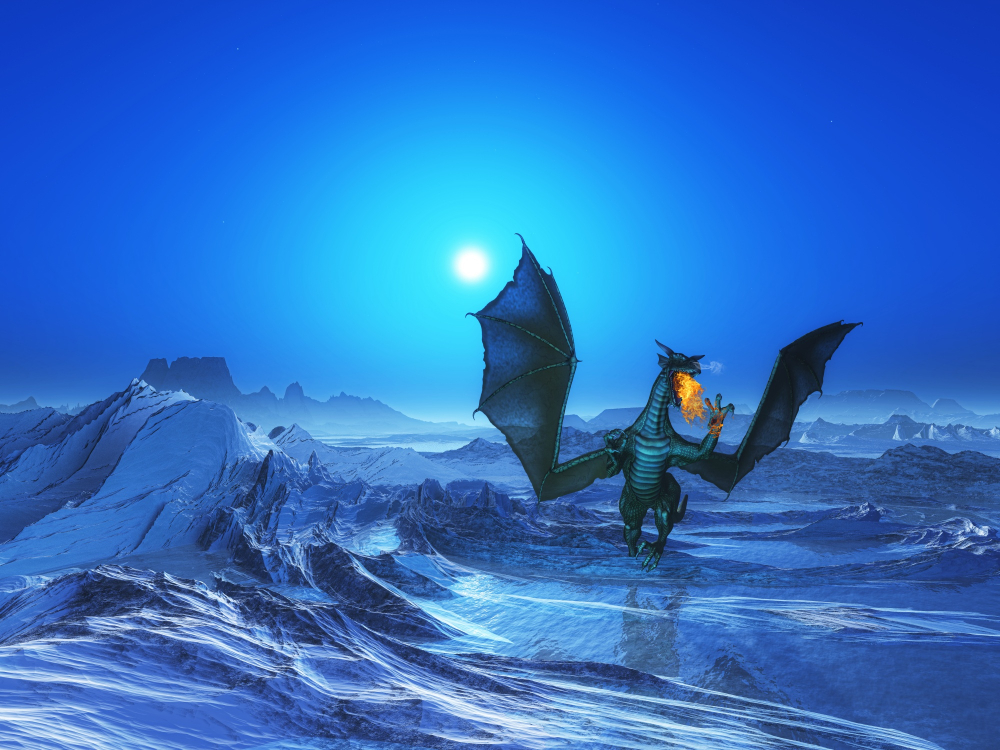 Ice dragon flying at night in snowy mountains, a digital fantasy illustration