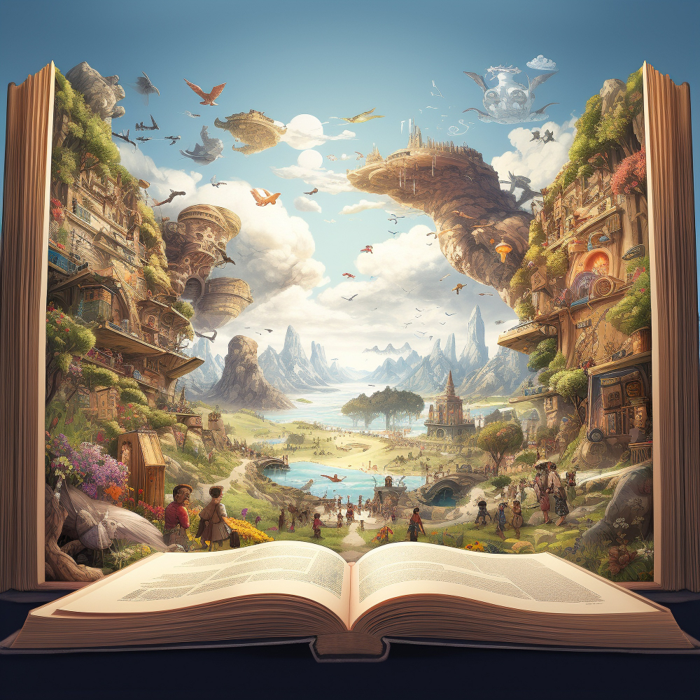 Fantasy world emerging from an open book, a hyper-detailed illustration of a pop-up storybook landscape with crowds and floating cities.