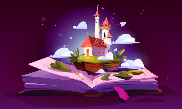 Pop-up story book showing a magical kingdom with a castle and floating island illustration.