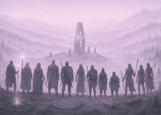 Twelve cloaked figures stand in formation before a glowing monolith inscribed with runes in a misty forest.