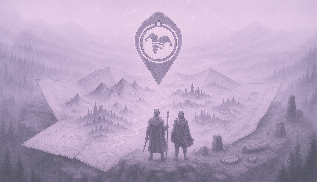 Two cloaked figures stand on a rocky ledge, examining a three-dimensional map integrated into the landscape with a floating location marker above.