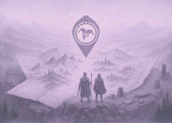 Two cloaked figures stand on a rocky ledge, examining a three-dimensional map integrated into the landscape with a floating location marker above.