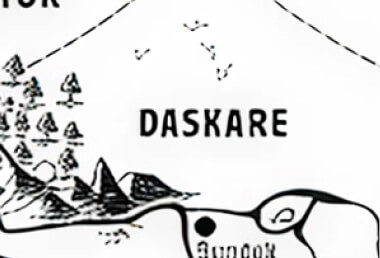 Hand drawn map showing the region of Daskare with stylized trees, mountains, birds, and the labeled settlement Avnook.