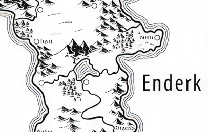 Stylized black and white map showing the region labeled Enderk with mountains, forests, rivers, and settlements including Frovil.