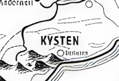 Black and white illustrated map showing mountains, river, coastline, and labeled region Kysten with Klettenbyen.