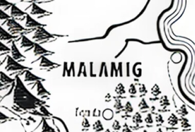 Black and white map showing the region labeled Malamig with stylized trees, winding river, and circular symbol.