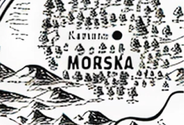 Black and white map showing forested and mountainous terrain with labeled locations Kavinna and Morska.