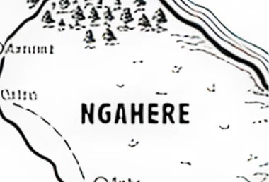 Black and white map showing the region labeled Ngahere with illustrated trees, river or coastline, and nearby labels Aztumi and Caito.