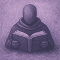 Stylized purple illustration of a faceless robed figure reading an open book in a contemplative pose.