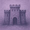 Stylized purple illustration of a medieval stone castle with arched entrance and two battlement towers.
