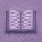 Stylized purple icon of an open book with visible text lines on both pages and a textured background.