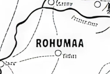Black and white map showing the region labeled Rohumaa with nearby locations Yitun, Kaurum, and Guruv.