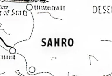 Stylized map showing the region labeled Sahro with circular symbols, route lines, and partial labels Desert and Of Shto.