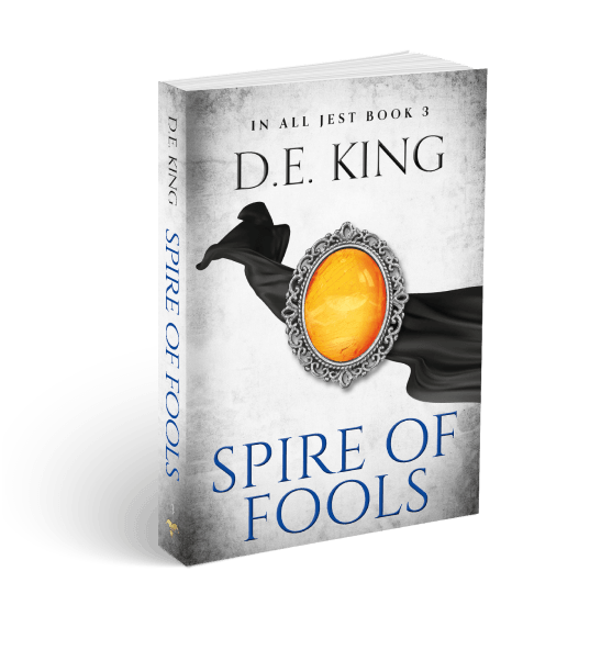 3D-rendered book titled Spire of Fools by D.E. King with silver-framed gem and fantasy mountain backdrop