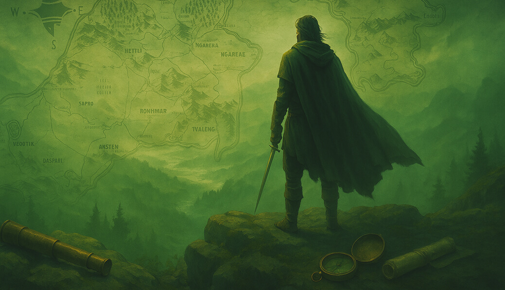 A cloaked figure with a sword stands on a rocky cliff, gazing at a glowing fantasy map in the sky above a misty valley.