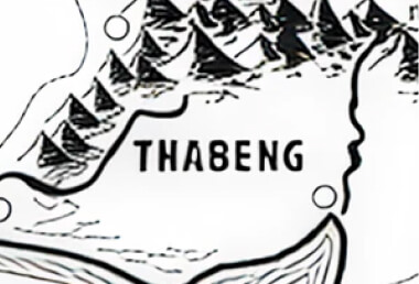 Stylized map showing the mountainous region labeled Thabeng with triangular peaks and circular location markers.