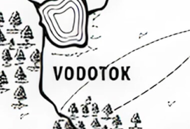 Topographic map showing the region labeled Vodotok with contour lines, forest symbols, and elevation detail.