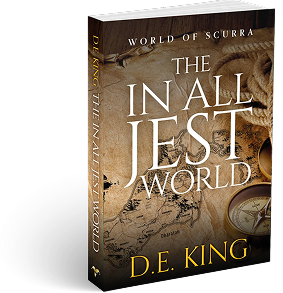 Book titled The In All Jest World by D.E. King with nautical-themed cover featuring rope, compass, and map