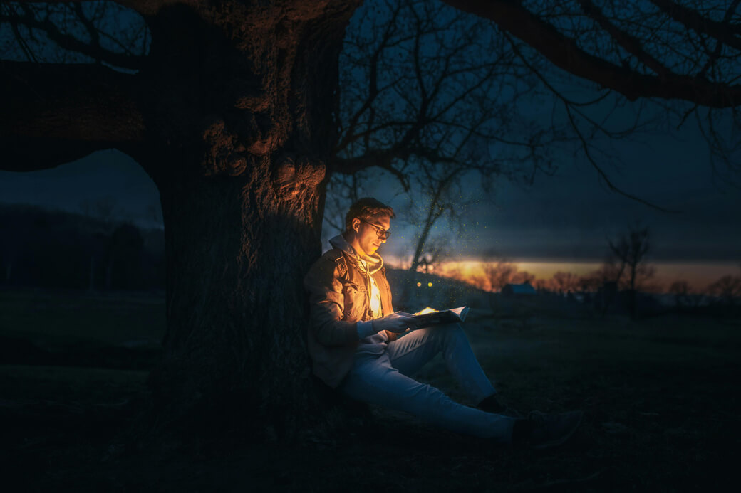 Person sitting beneath a large tree at dusk, reading a book that emits a warm magical glow. The light illuminates their face and the surrounding area, contrasting with the dark evening landscape of bare trees and a fading horizon.
